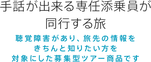 手話が出来る選任添乗員が同行する旅
聴覚に障がいあり、旅先の情報をきちんと知りたい方を対象にした募集型ツアー商品です
